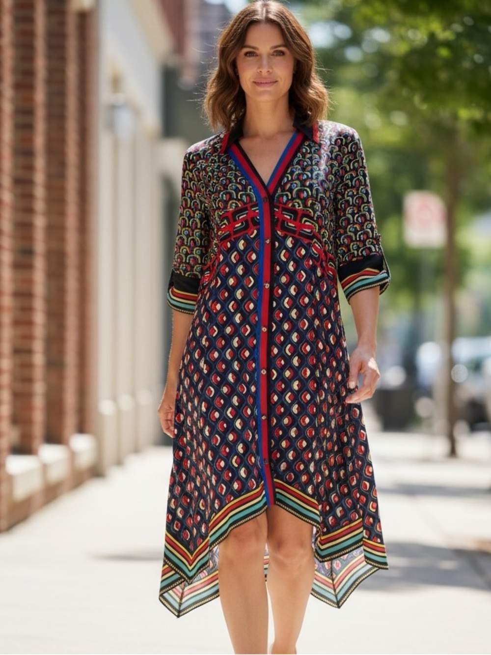 Printed V-Neck Handkerchief Hem Dress in Navy and Red